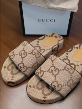 Gucci Beige Brown GG Canvas Slide Sandals